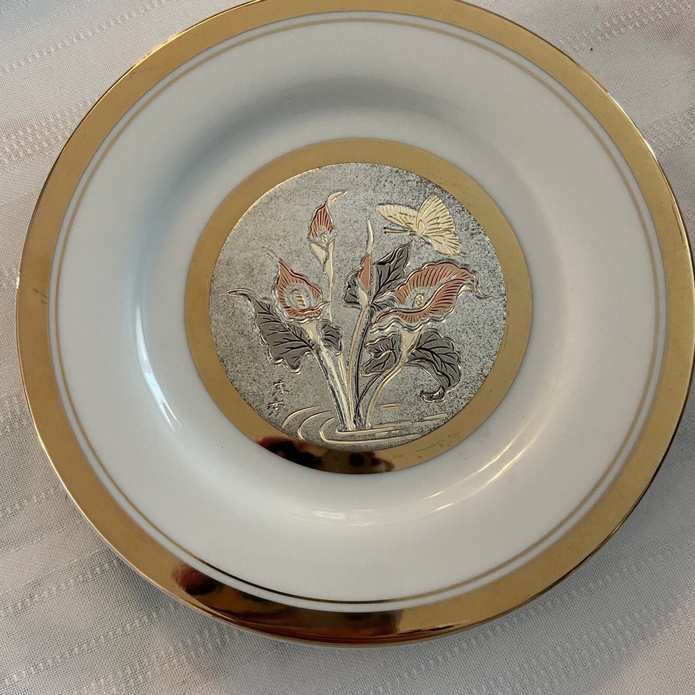 The Art of Chokin 24K Gold Edged Small Plate 6" Irises Butterfly Japan Vintage